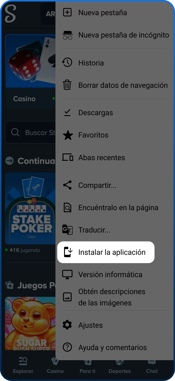 Coloca el acceso directo móvil de Stake en tu pantalla de inicio.