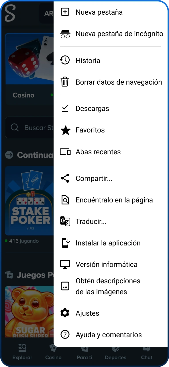 Busque el icono del menú en la página principal de Stake.