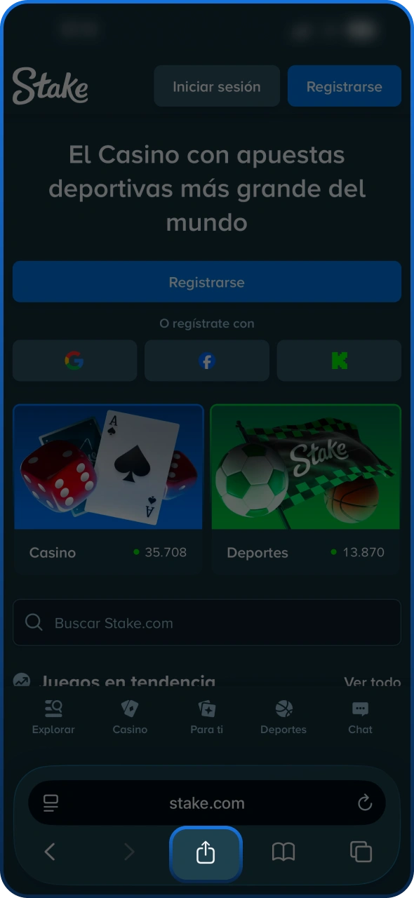 Localiza el botón para compartir en la parte inferior de Stake.