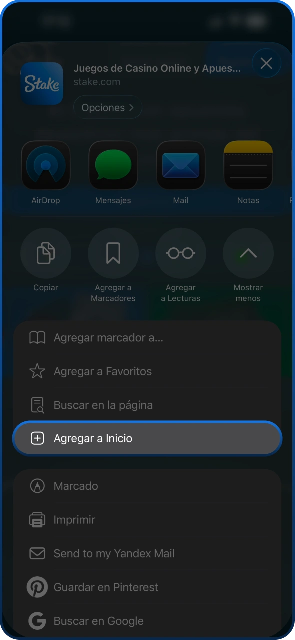 Agrega la página de Stake a tu pantalla de inicio.