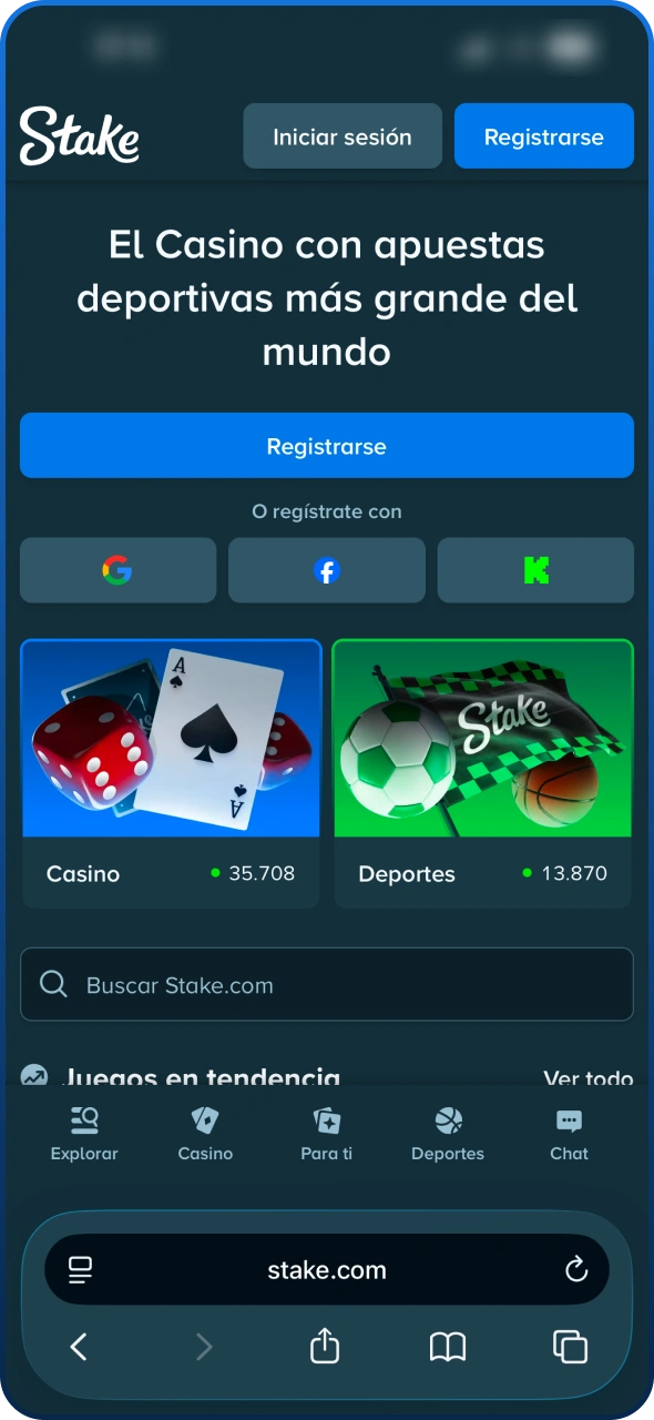 Abre tu navegador Safari y busca la plataforma Stake.