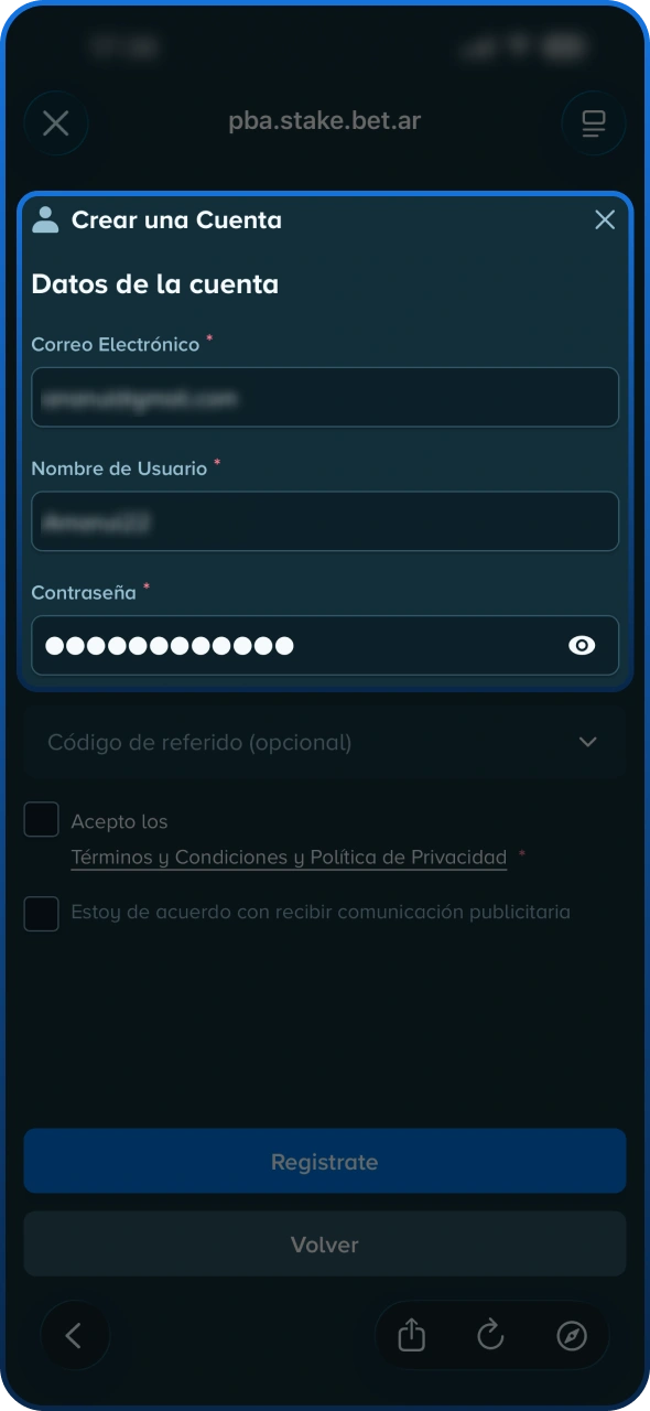 Añade tus credenciales de cuenta en el formulario de registro de Stake.