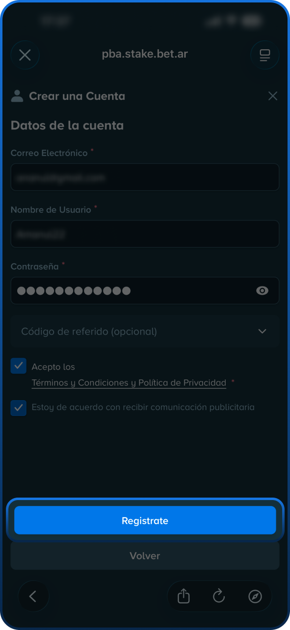 Pulsa el botón para completar el registro en Stake.