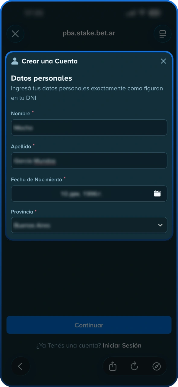 Introduce tu información personal en Stake y pulsa para continuar.