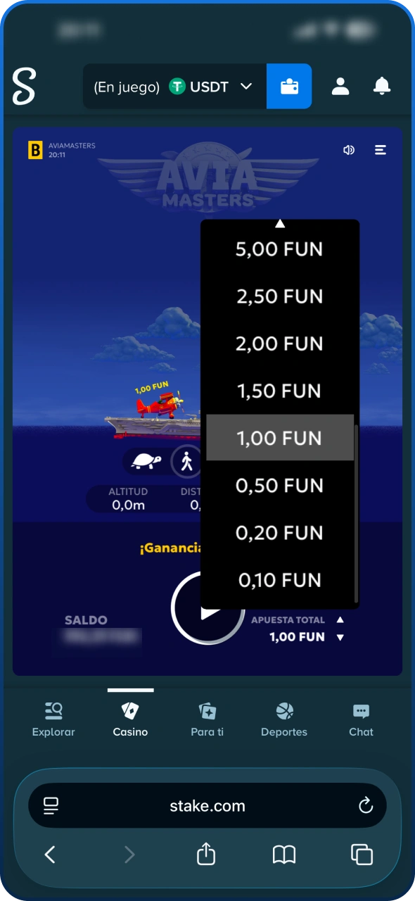 Elige el importe de tu apuesta en el juego de casino Stake Aviamasters.