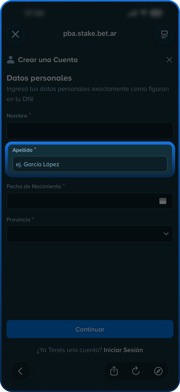 Introduce tu apellido exacto al registrarte en Stake.