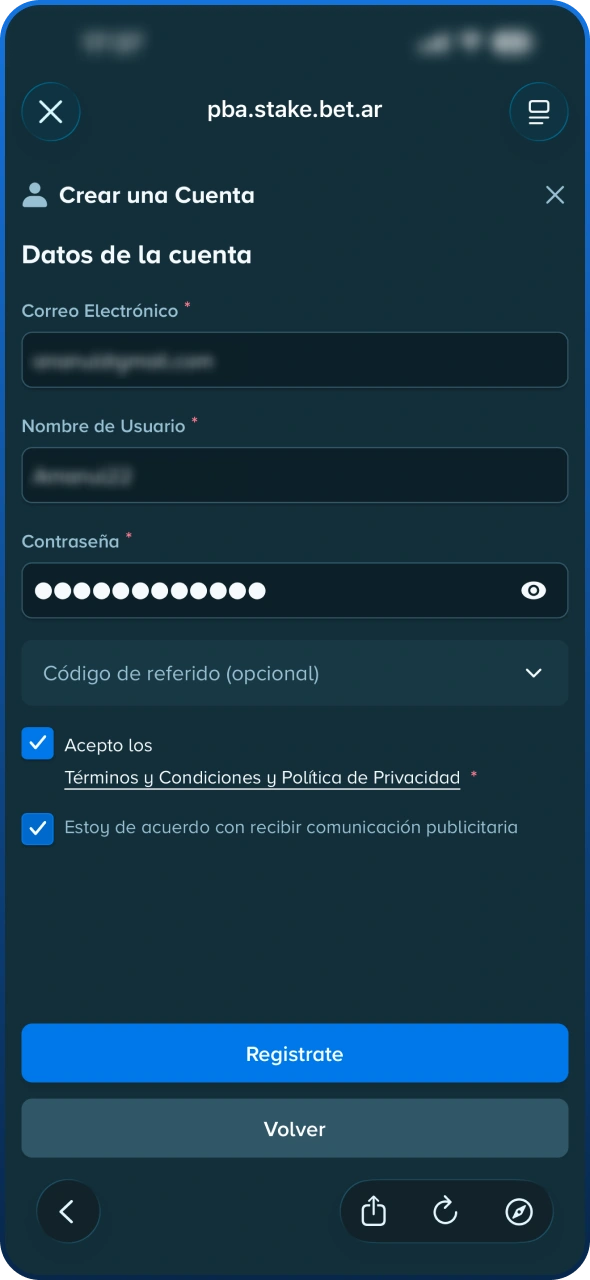 Completa el formulario de registro de Stake y haz clic para confirmar.