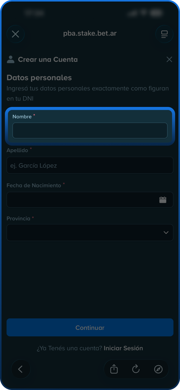 Introduce tu nombre en el formulario de registro de Stake.