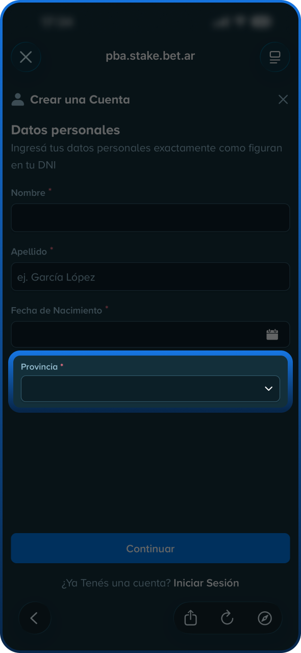 Localiza el menú desplegable de provincia de Stake y selecciona la tuya.