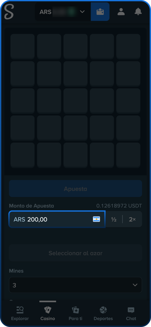 Introduce la cantidad que deseas apostar en Stake Mines.