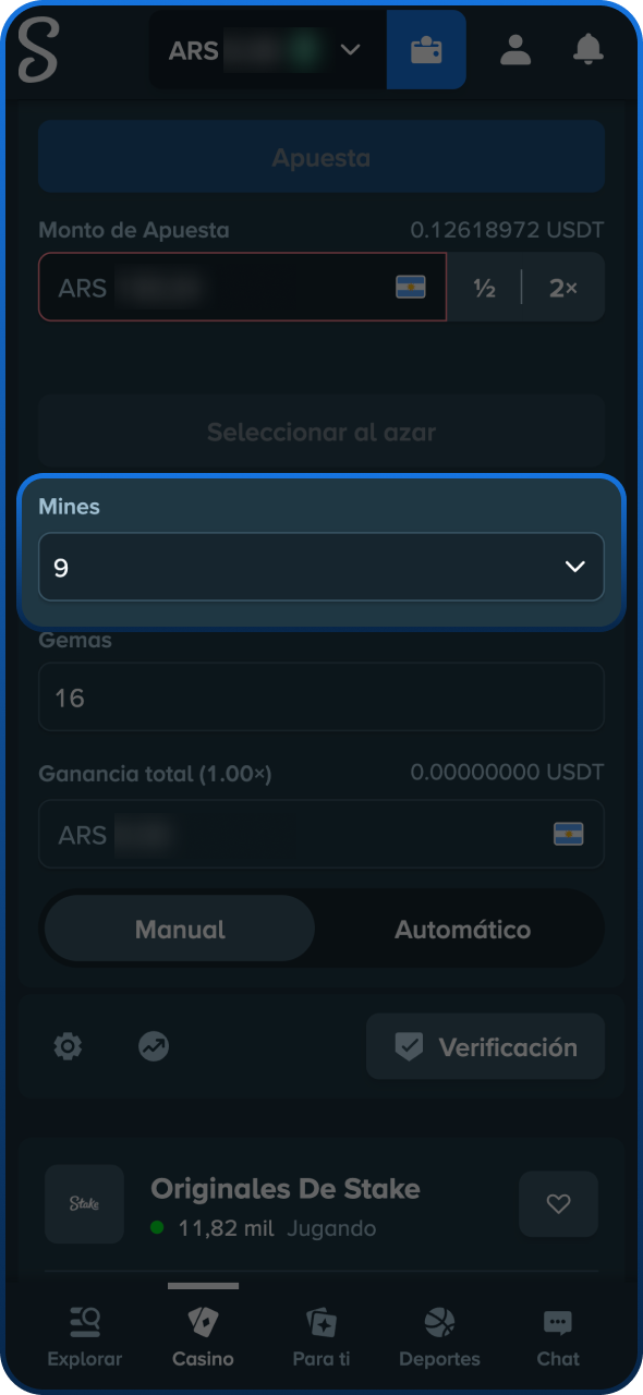 En el juego Stake Mines puedes seleccionar el número de minas.