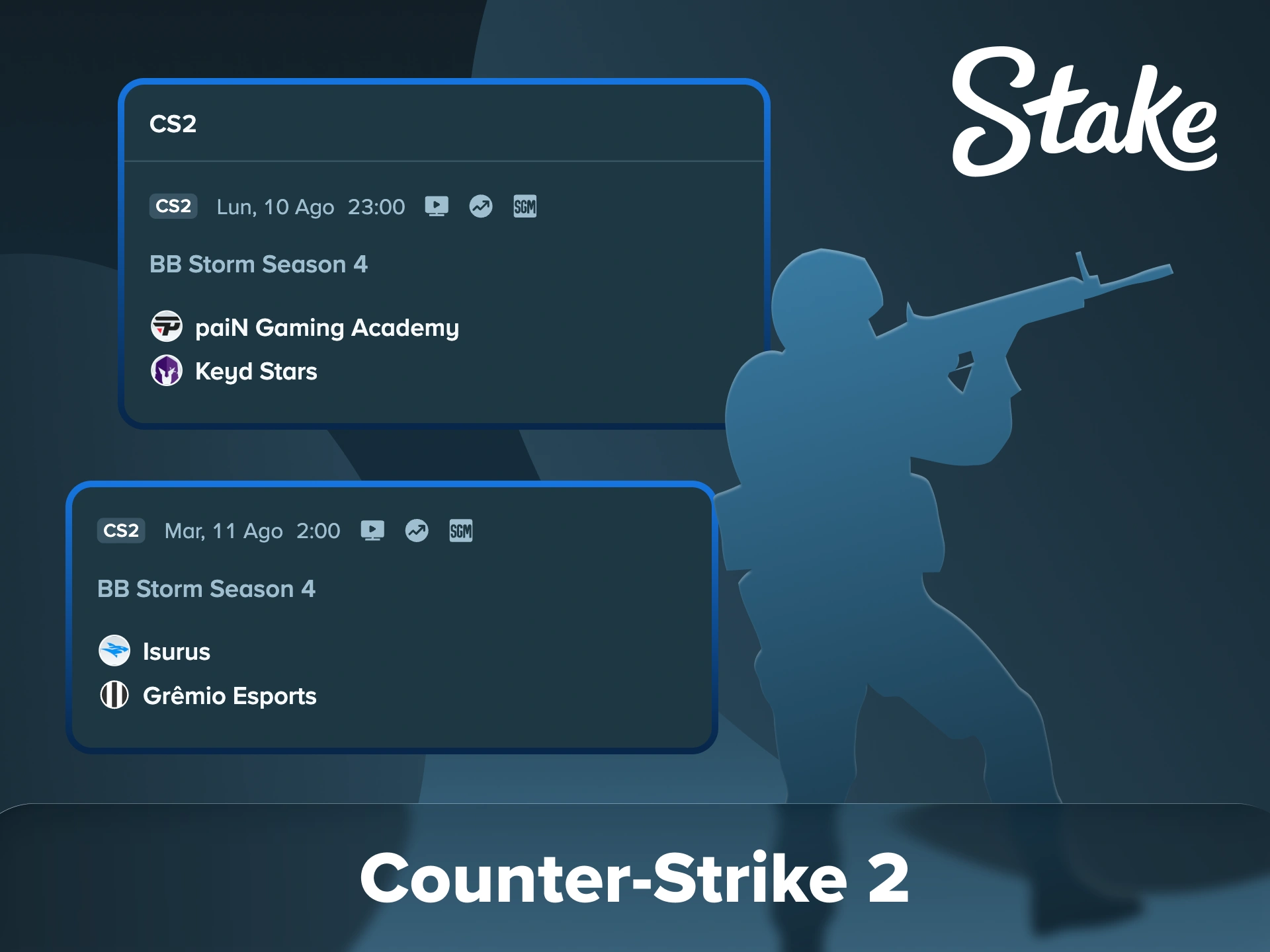 Haz tus apuestas en tus equipos y torneos favoritos de CS2 en Stake.