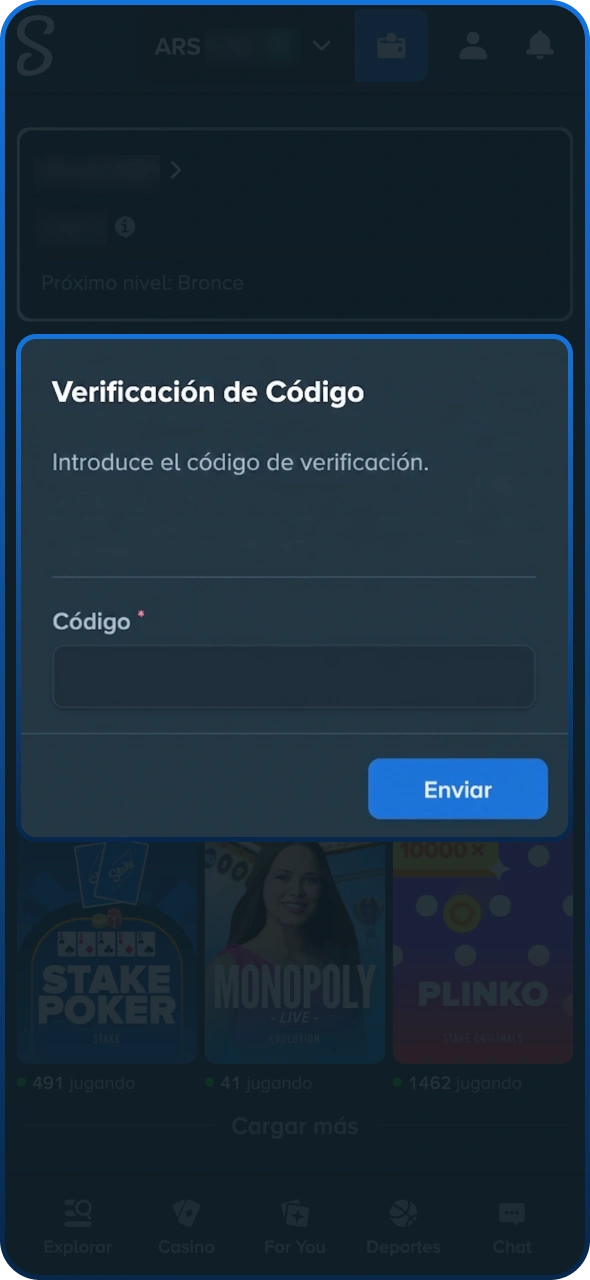 Proporcione el código para verificar el depósito de Stake.
