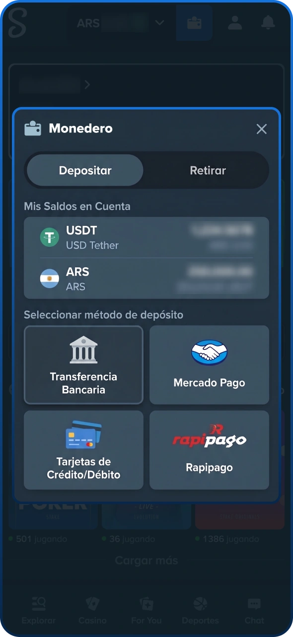 Elige el método de depósito que prefieras en la plataforma Stake.