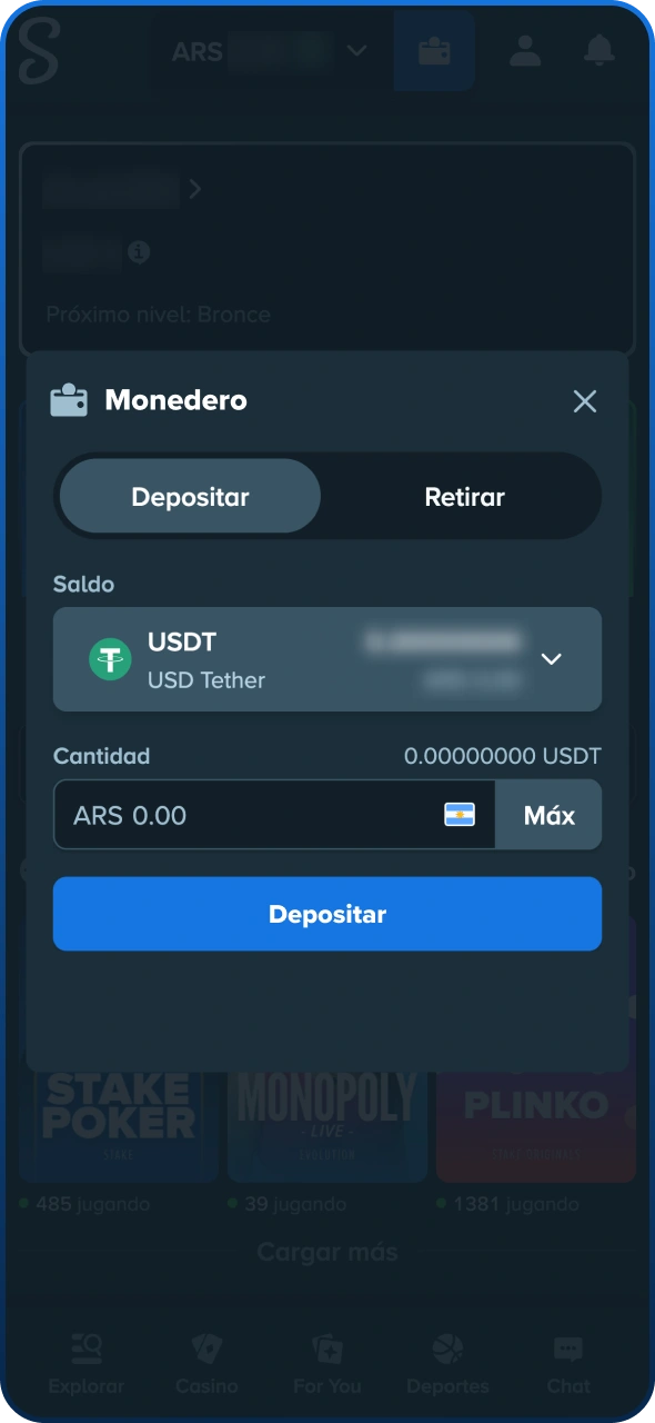 Ingrese el monto del depósito para completar el proceso en Stake.