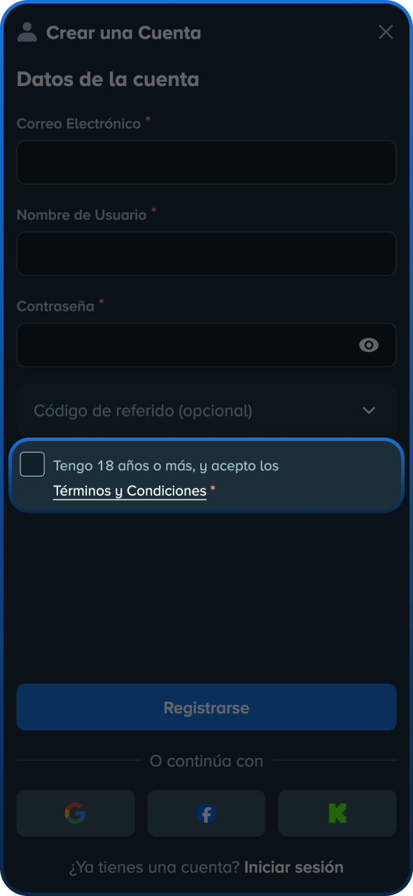 Marque la casilla de términos en el formulario de registro de Stake.